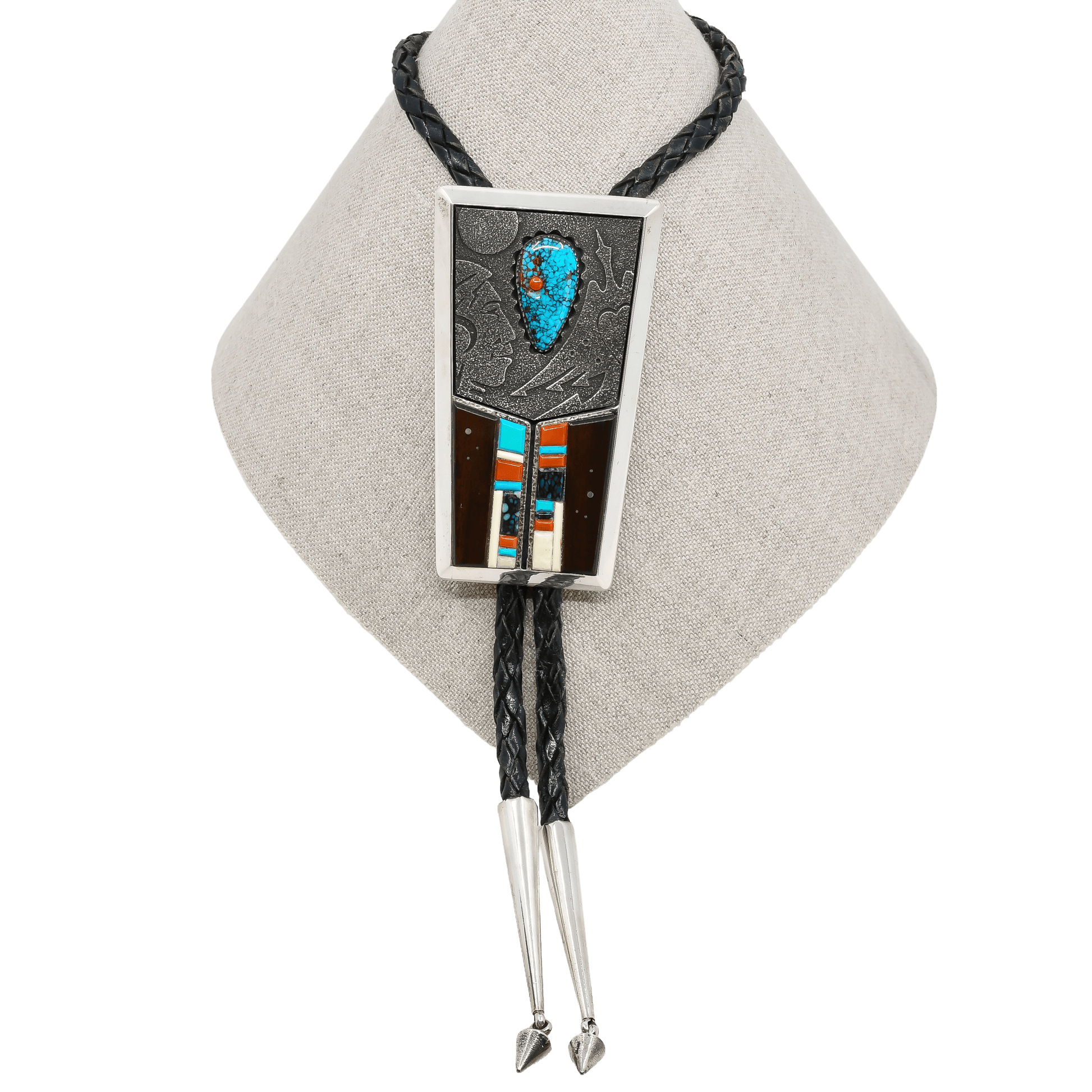 Richard Tsosie Bolo Of Multi - Stone Inlay and Silver Overlay - Turquoise & Tufa
