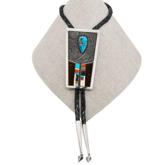 Richard Tsosie Bolo Of Multi - Stone Inlay and Silver Overlay - Turquoise & Tufa
