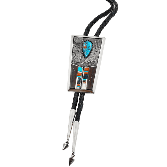 Richard Tsosie Bolo Of Multi - Stone Inlay and Silver Overlay - Turquoise & Tufa