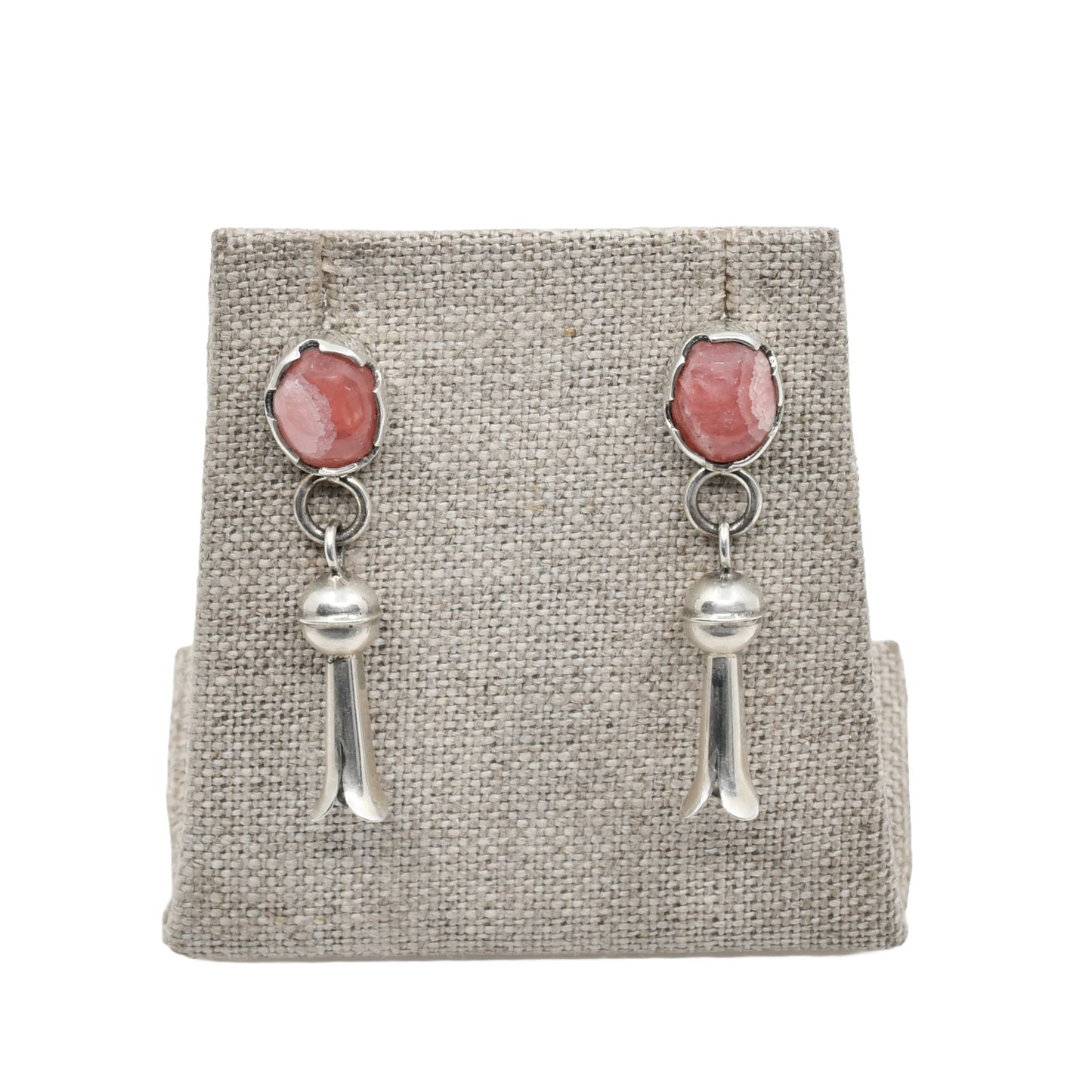 Silver Squash Blossom Earrings By Darrell Jumbo With Pink Rhodochrosite Stones - Turquoise & Tufa