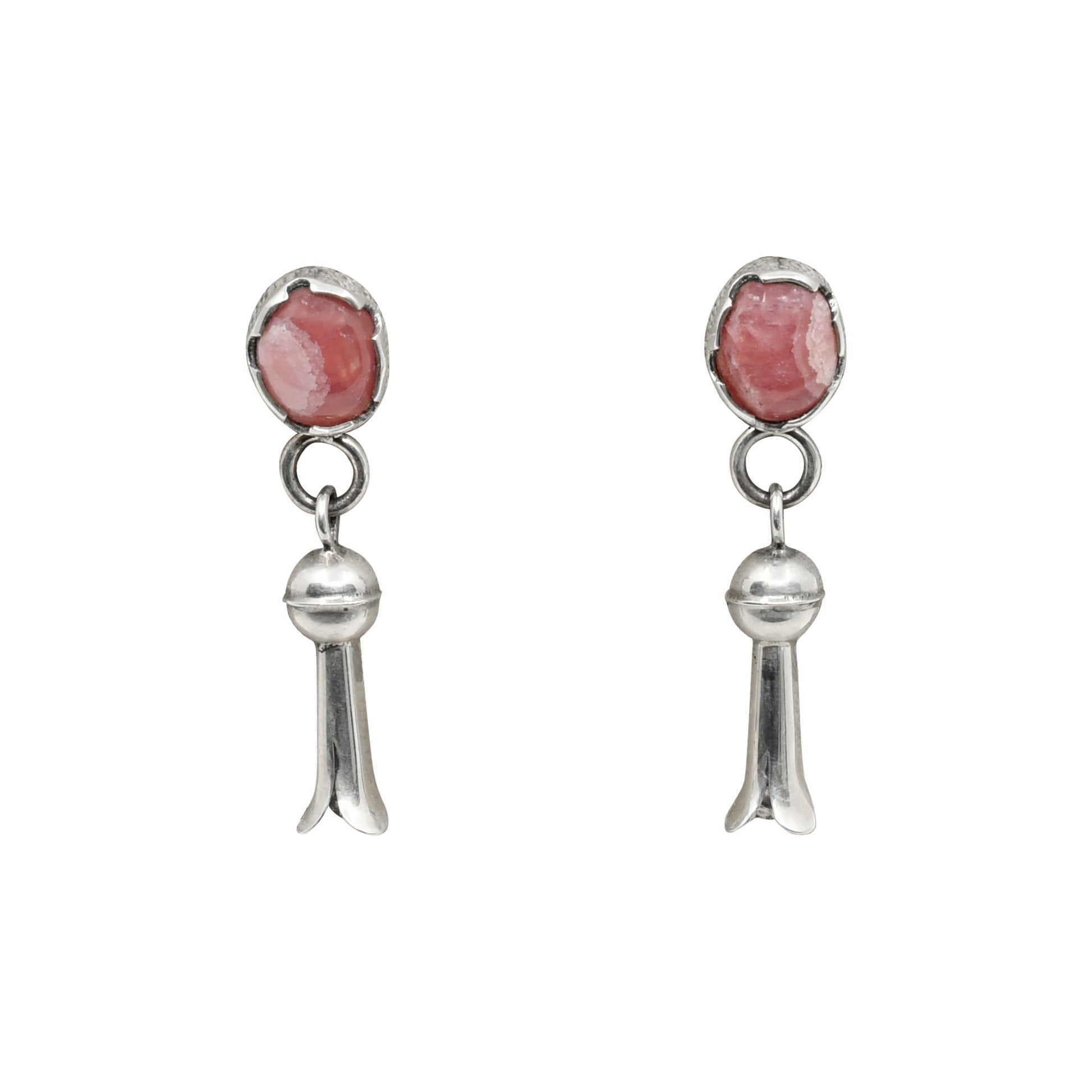 Silver Squash Blossom Earrings By Darrell Jumbo With Pink Rhodochrosite Stones - Turquoise & Tufa