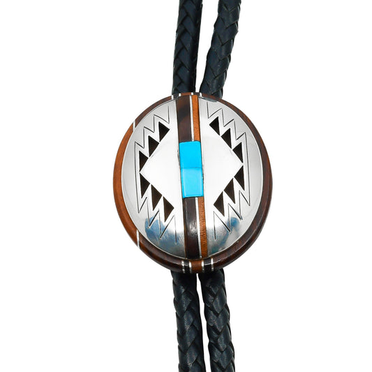 Tsosie And Mary Taylor Bolo Of Inlay Turquoise and Wood - Turquoise & Tufa