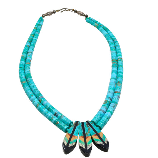 Turquoise Necklace with Inlay Feather Pendants by Rudy Coriz - Turquoise & Tufa