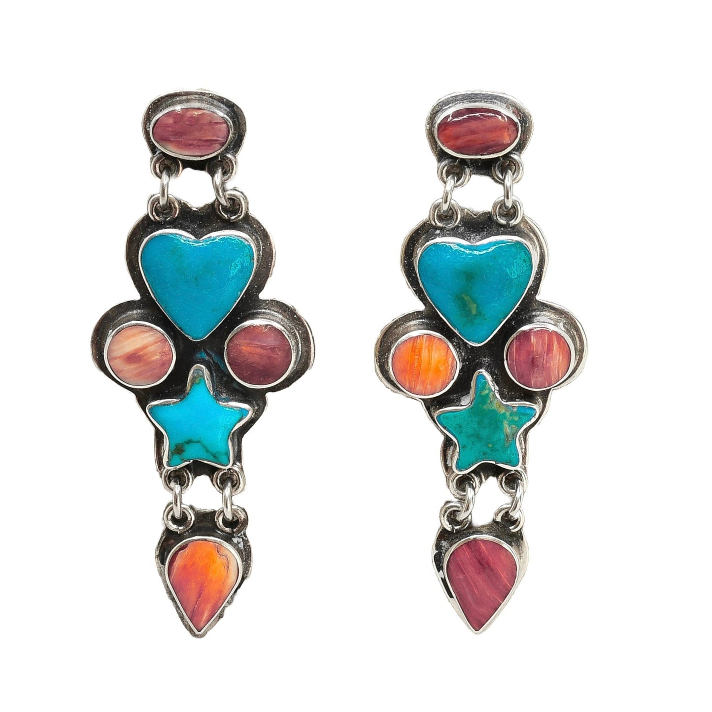 Vintage Dangle Multi Stone Heart Earrings by Federico Jiminez - Turquoise & Tufa