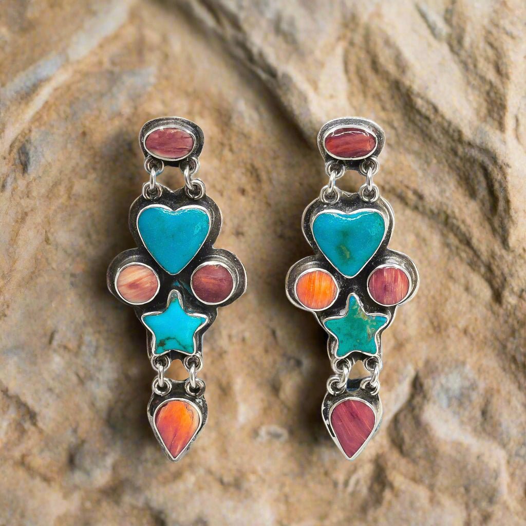 Vintage Dangle Multi Stone Heart Earrings by Federico Jiminez - Turquoise & Tufa