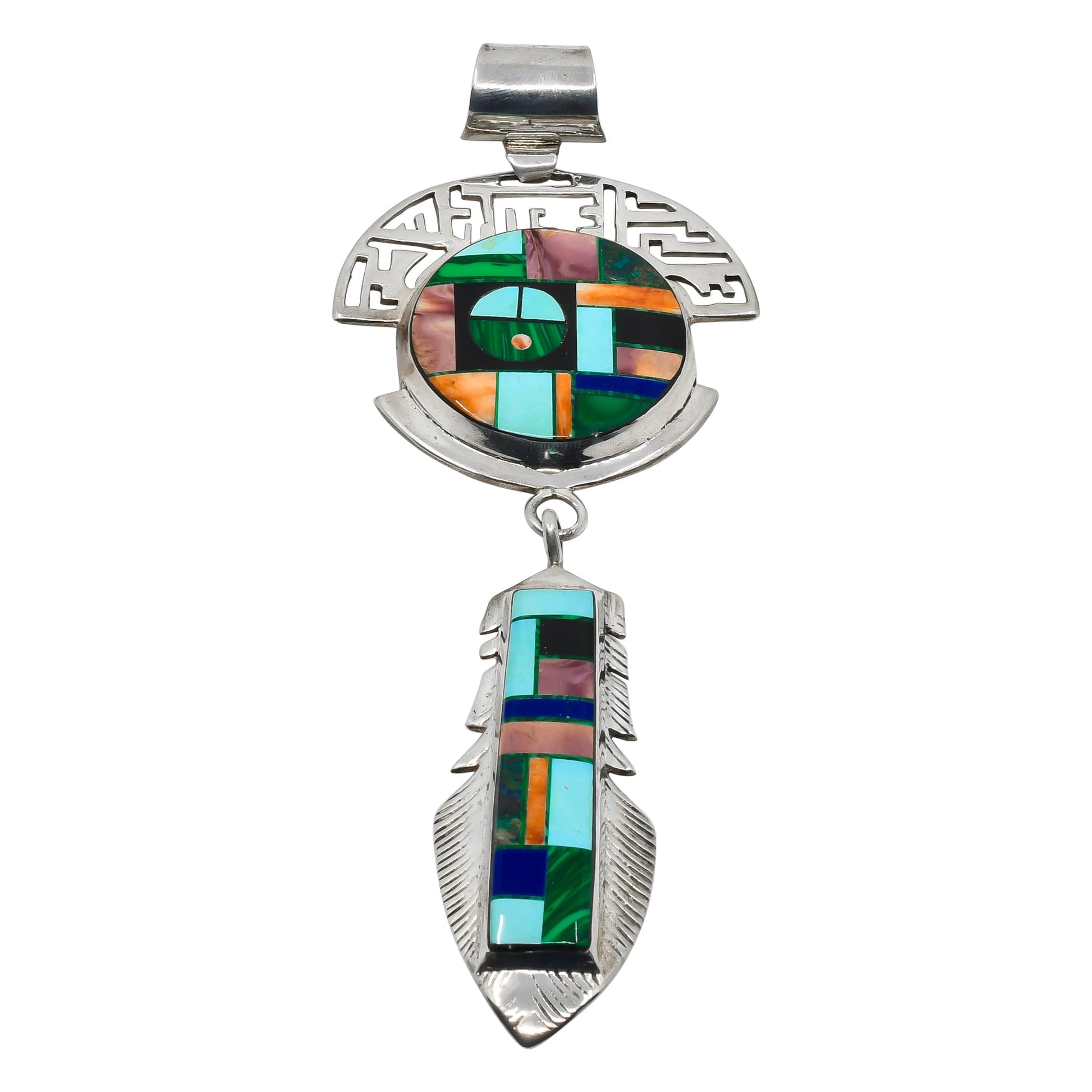 Vintage Frank Yellowhorse Inlay Pendant Of Sunface and Feather - Turquoise & Tufa