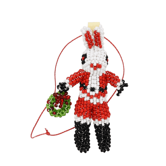 Vintage Hand Beaded Zuni Santa Bunny Ornament - Turquoise & Tufa