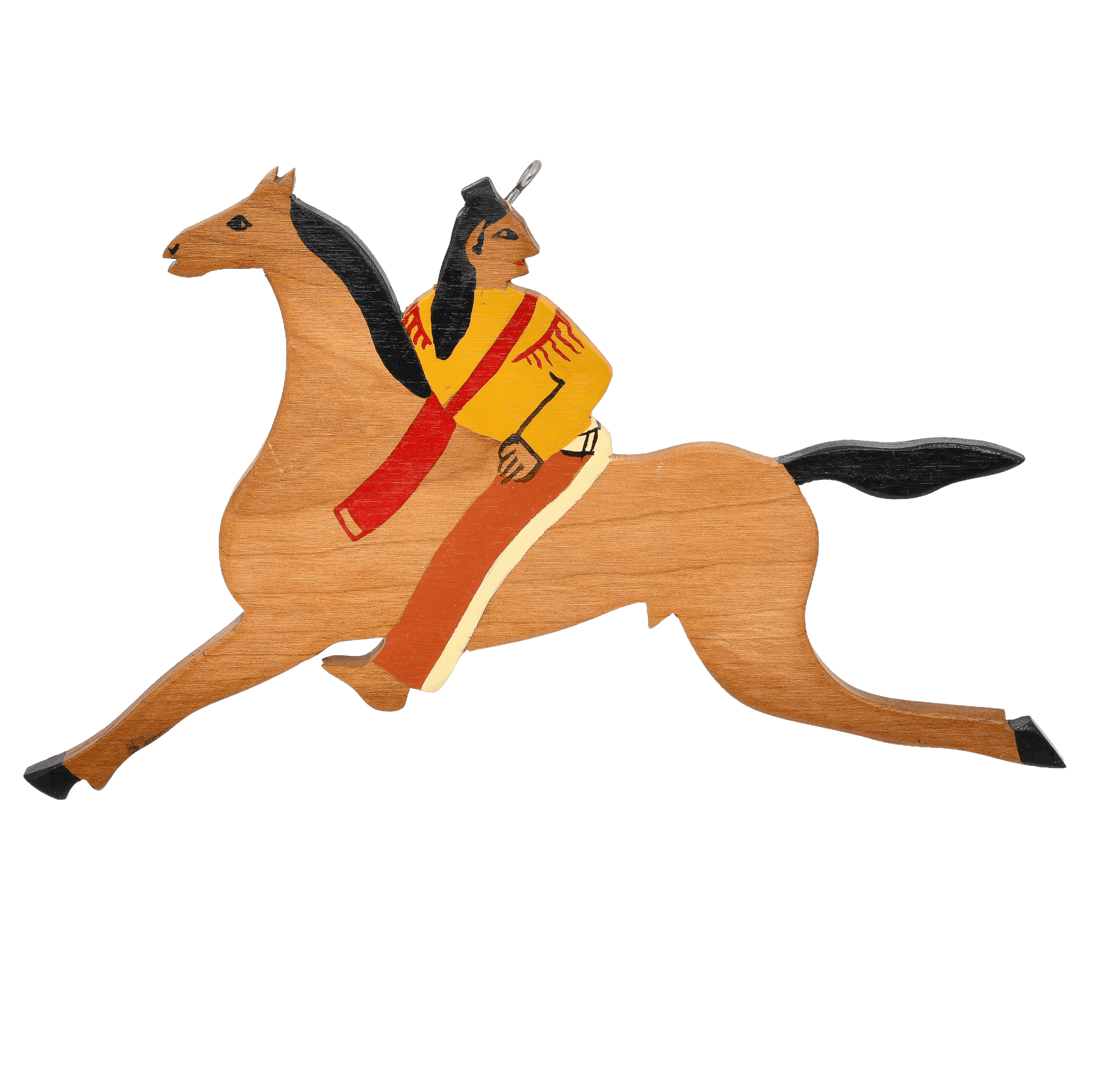 Vintage Hand Cut Wooden Folk Art Ornament of Horse and Rider - Turquoise & Tufa