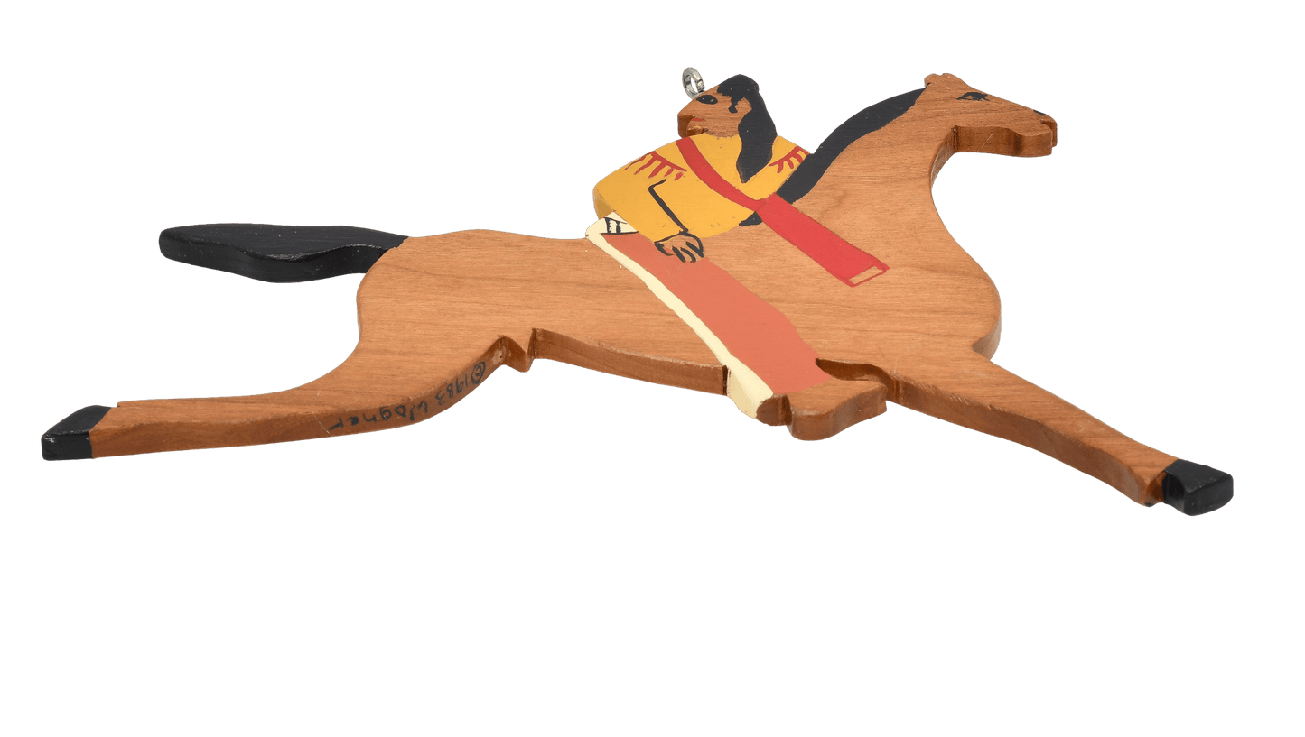 Vintage Hand Cut Wooden Folk Art Ornament of Horse and Rider - Turquoise & Tufa