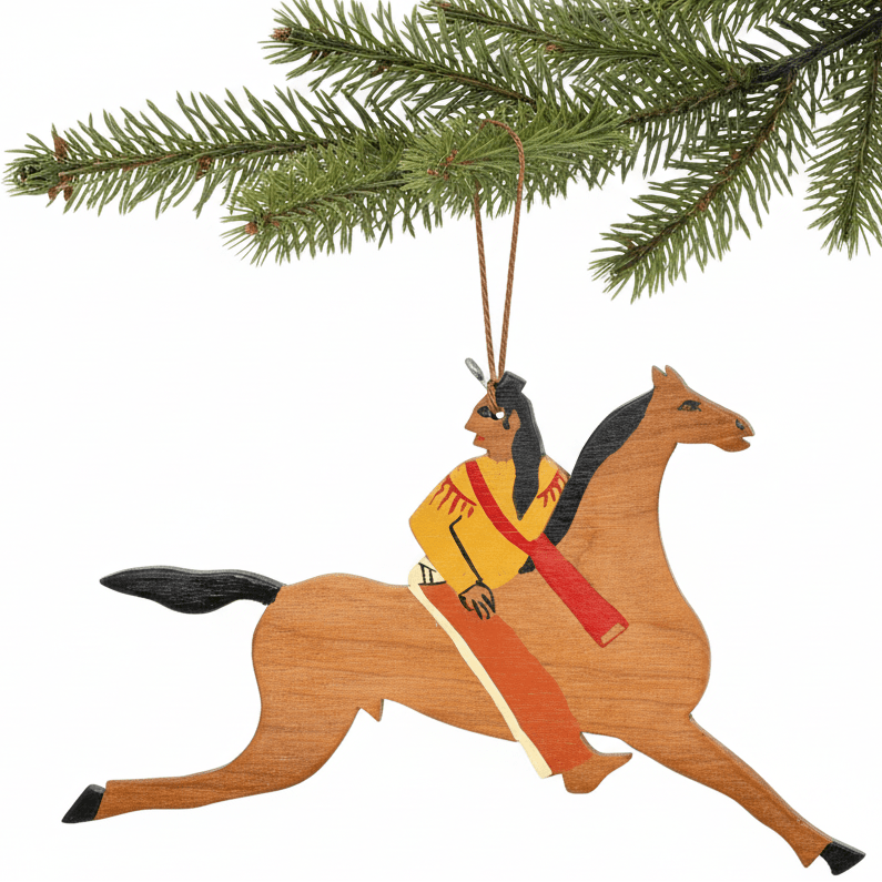 Vintage Hand Cut Wooden Folk Art Ornament of Horse and Rider - Turquoise & Tufa