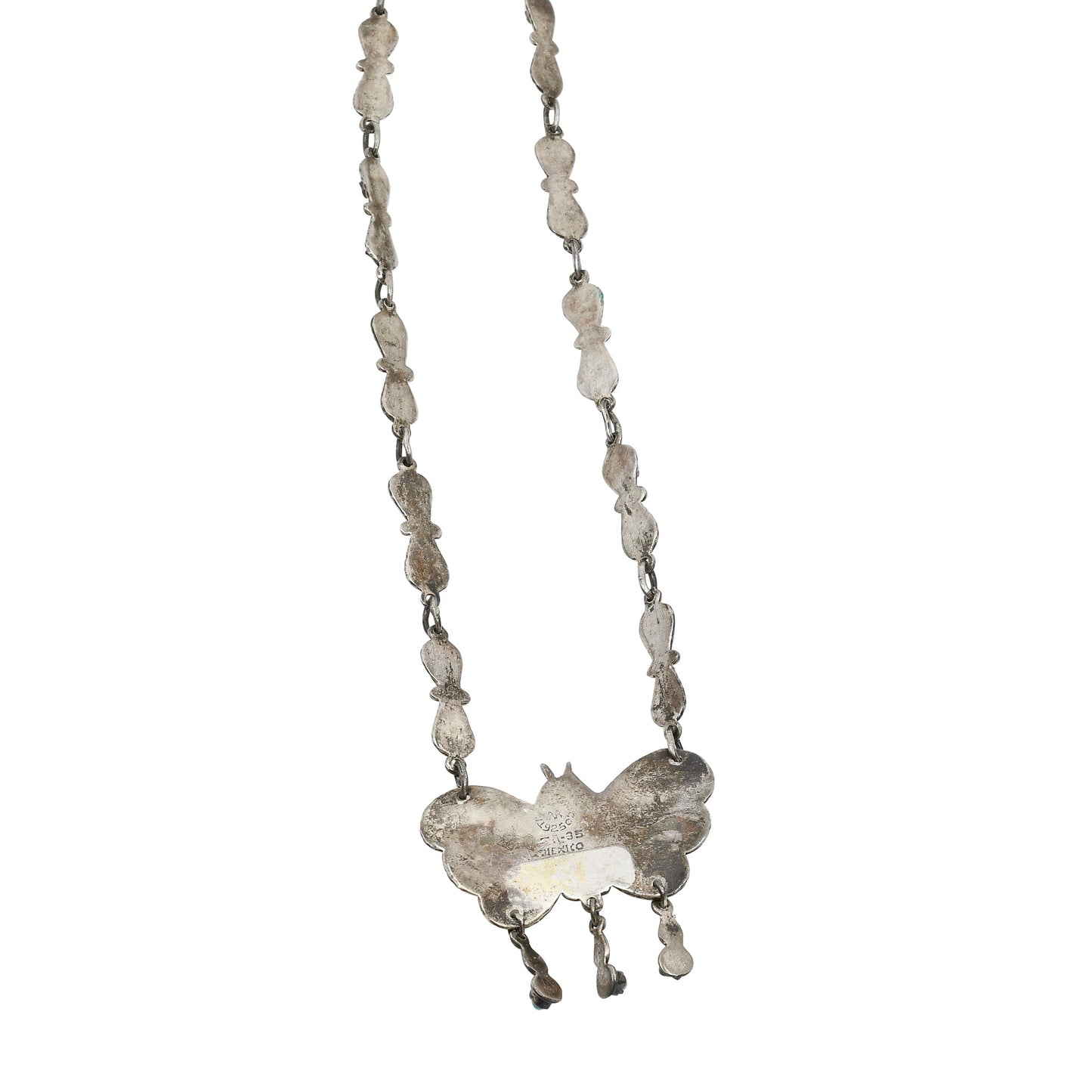 Vintage Mexican Silver Butterfly Necklace With Turquoise Coral Amethyst - Turquoise & Tufa