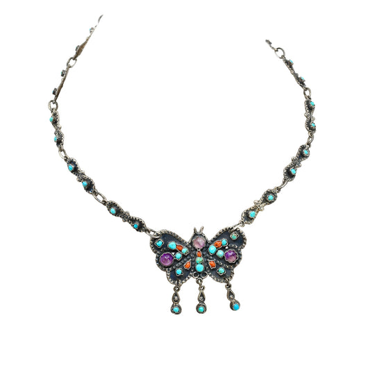 Vintage Mexican Silver Butterfly Necklace With Turquoise Coral Amethyst - Turquoise & Tufa
