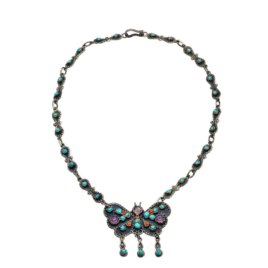Vintage Mexican Silver Butterfly Necklace With Turquoise Coral Amethyst - Turquoise & Tufa