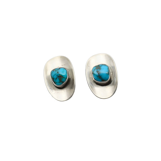 Vintage Modernist Style Earrings of Silver and Turquoise - Turquoise & Tufa