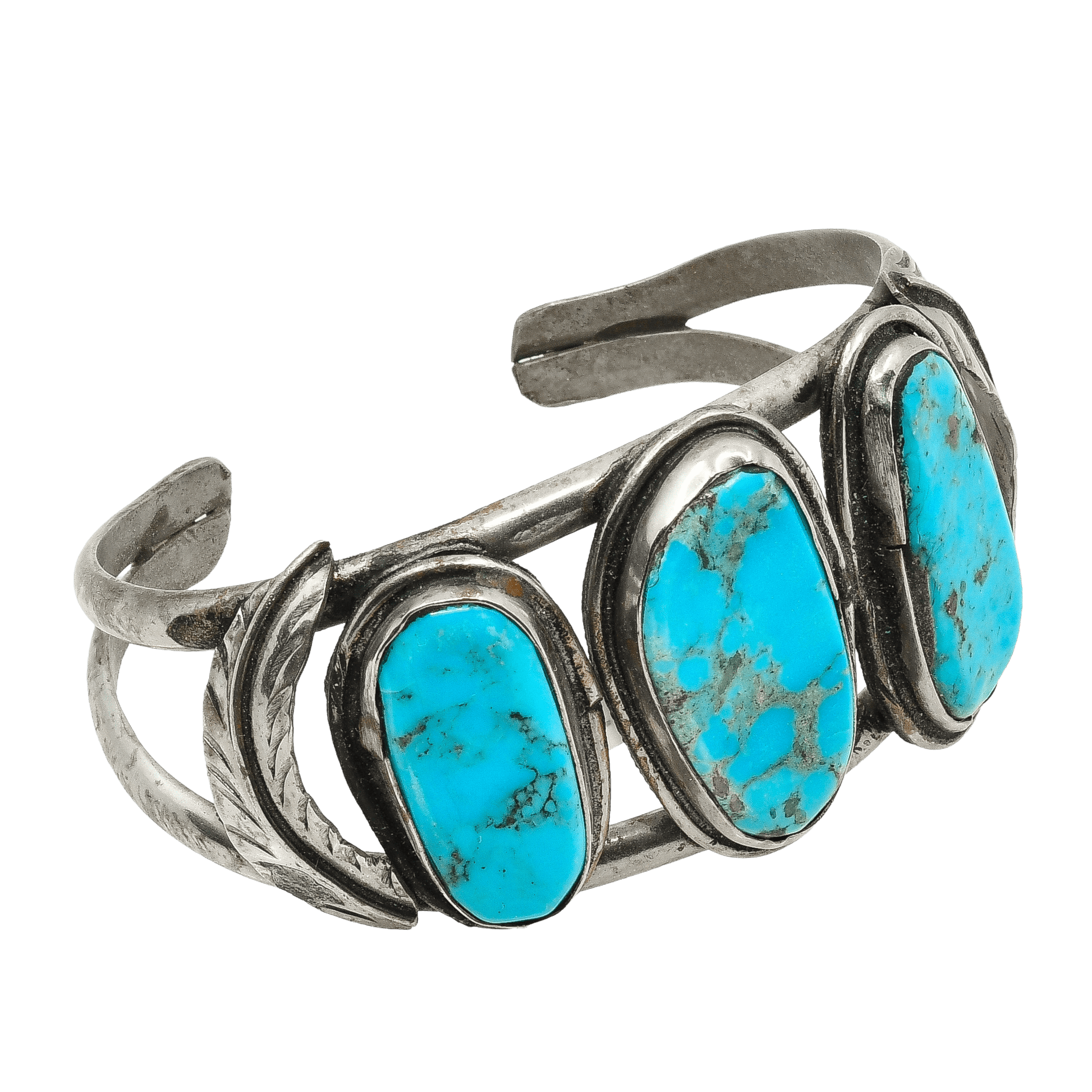 Vintage Navajo Bracelet Three Stone Turquoise and Silver - Turquoise & Tufa