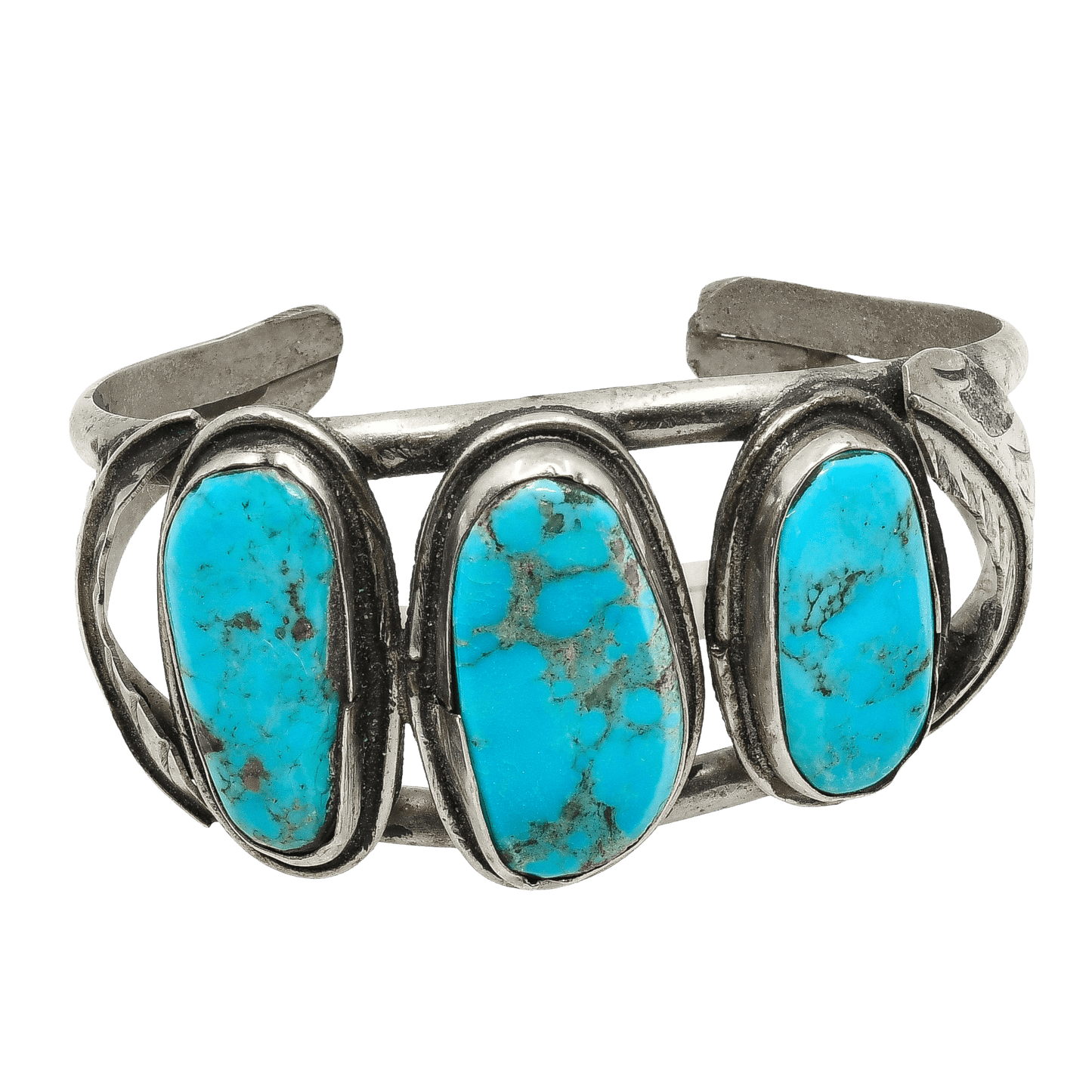 Vintage Navajo Bracelet Three Stone Turquoise and Silver - Turquoise & Tufa