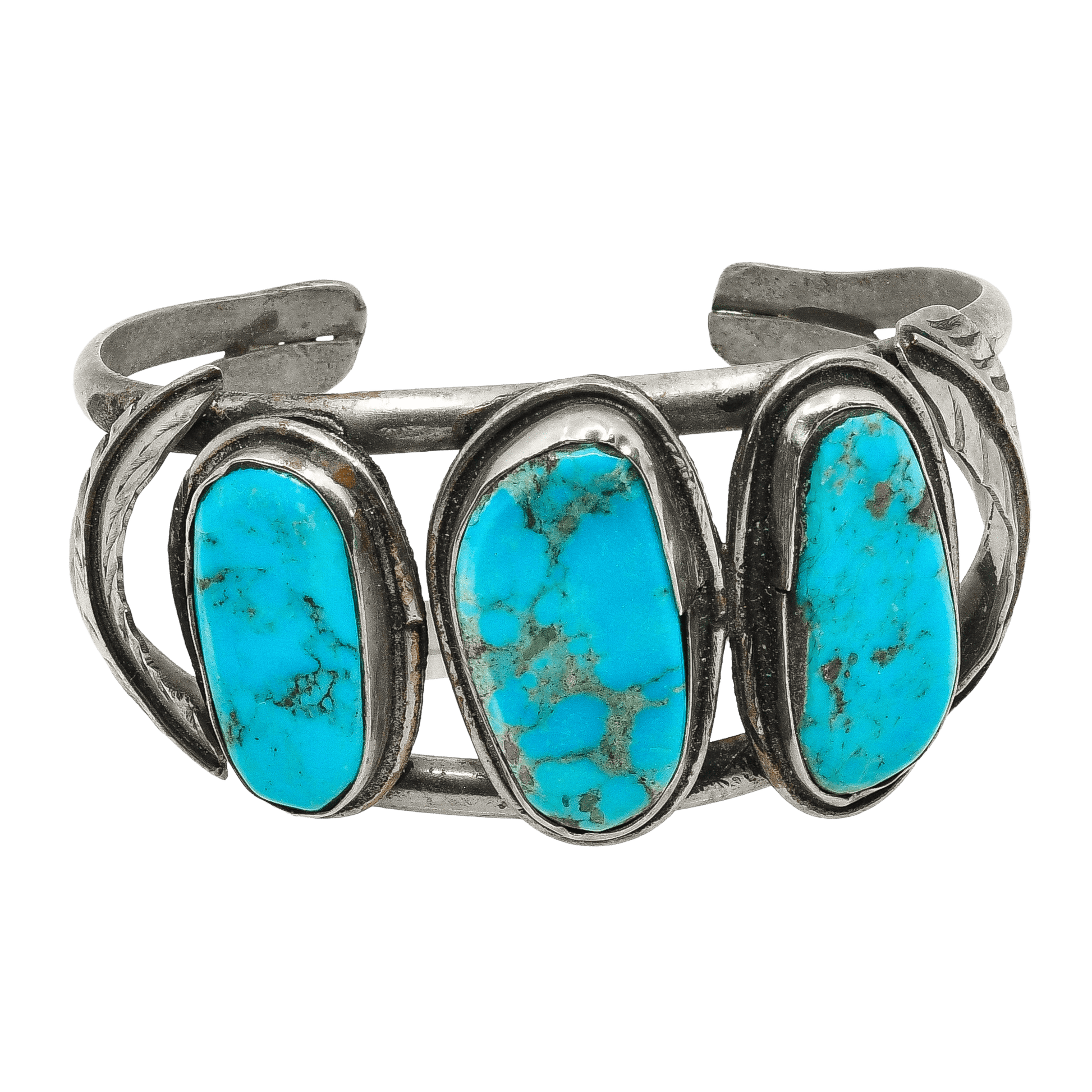 Vintage Navajo Bracelet Three Stone Turquoise and Silver - Turquoise & Tufa