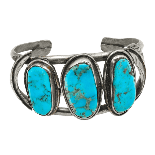 Vintage Navajo Bracelet Three Stone Turquoise and Silver - Turquoise & Tufa