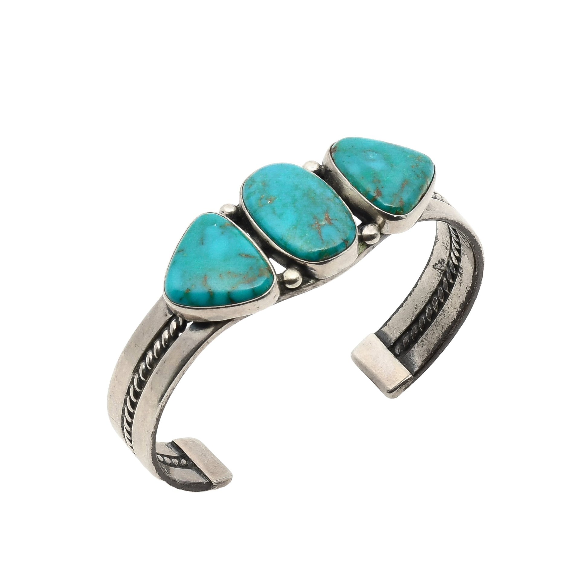 Vintage Navajo Bracelet Turquoise and Silver 3 Stones - Turquoise & Tufa