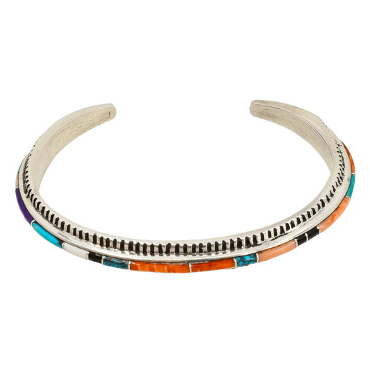Vintage Navajo Bracelet With Multi Stone Inlay By Gloria Livingston - Turquoise & Tufa