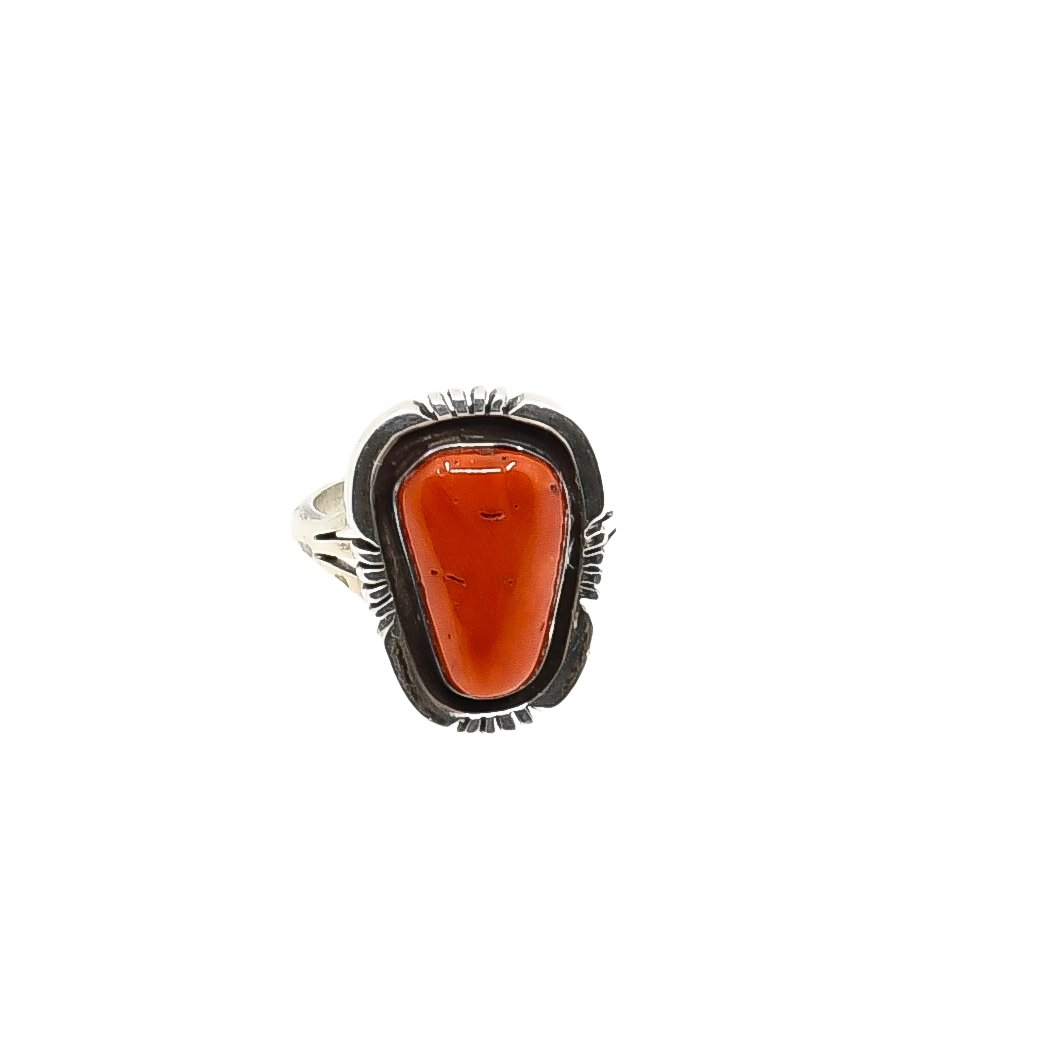 Vintage Navajo Coral Ring in Contemporary Setting By Robert Begay - Turquoise & Tufa