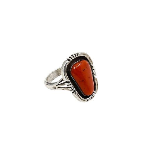 Vintage Navajo Coral Ring in Contemporary Setting By Robert Begay - Turquoise & Tufa