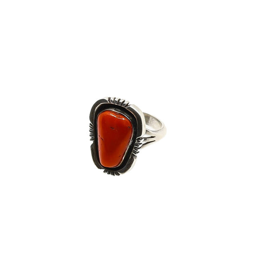 Vintage Navajo Coral Ring in Contemporary Setting By Robert Begay - Turquoise & Tufa
