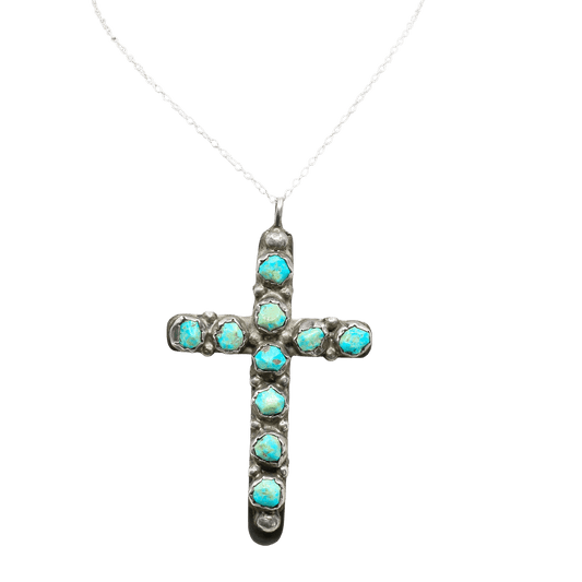 Vintage Navajo Cross Pendant Reversible Turquoise or Coral - Turquoise & Tufa
