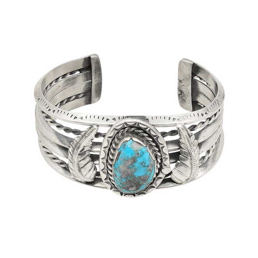 Vintage Navajo Cuff With Turquoise Stone and Leaf Work - Turquoise & Tufa