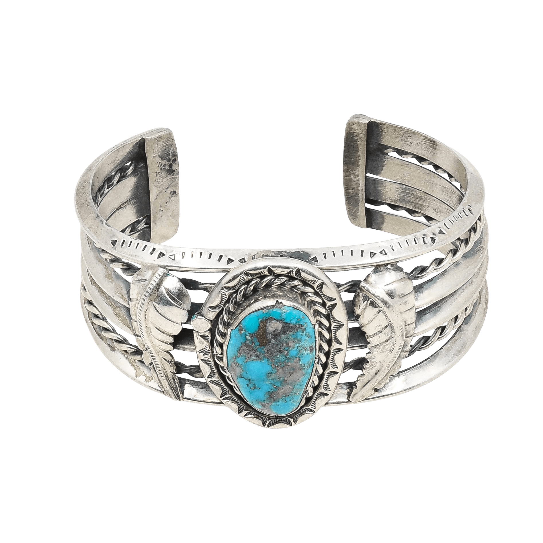 Vintage Navajo Cuff With Turquoise Stone and Leaf Work - Turquoise & Tufa
