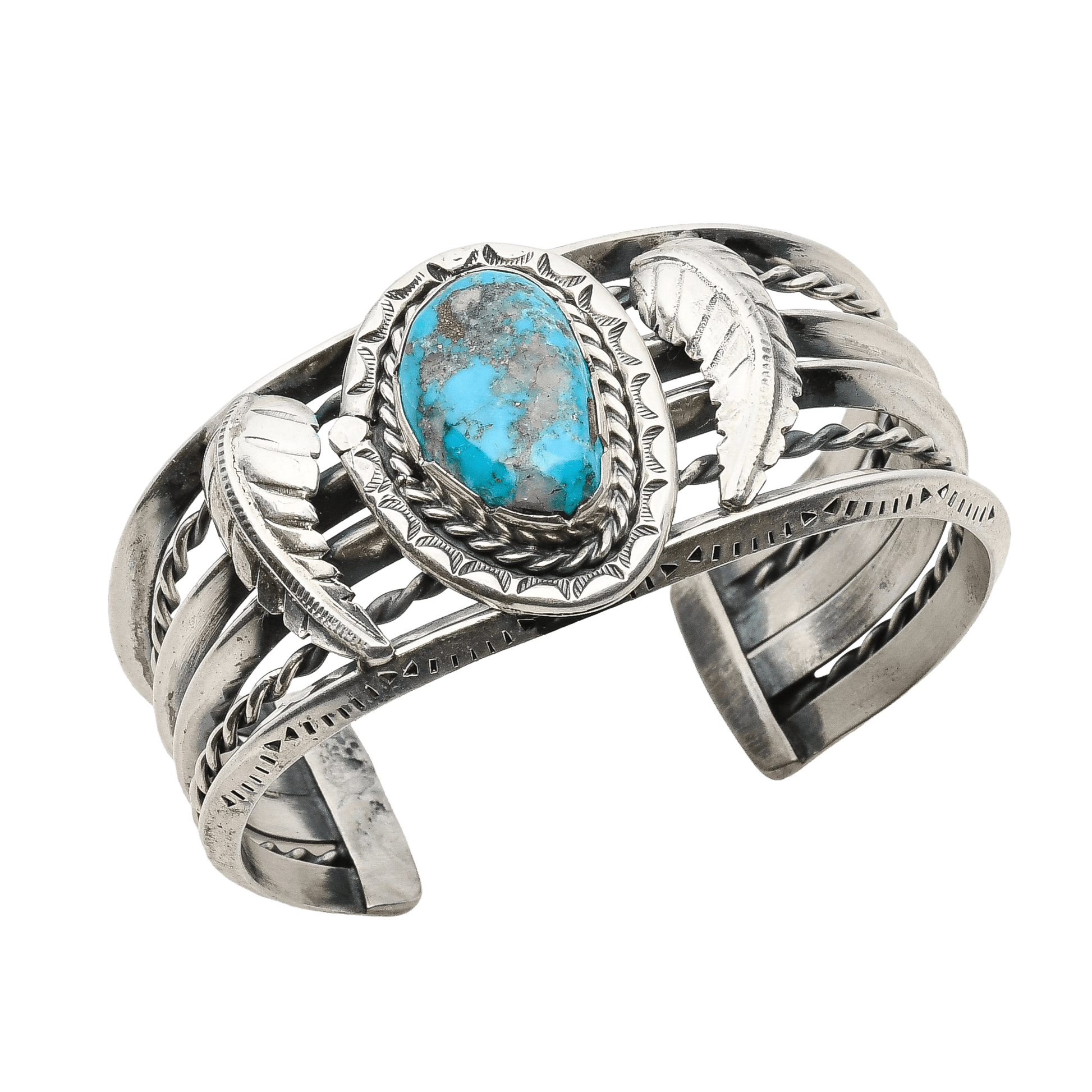 Vintage Navajo Cuff With Turquoise Stone and Leaf Work - Turquoise & Tufa