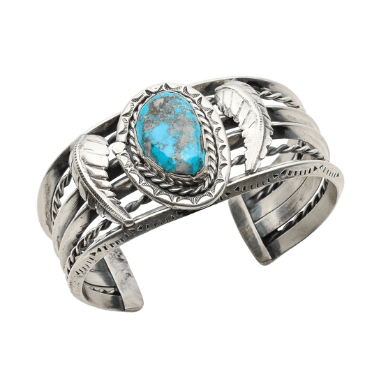 Vintage Navajo Cuff With Turquoise Stone and Leaf Work - Turquoise & Tufa