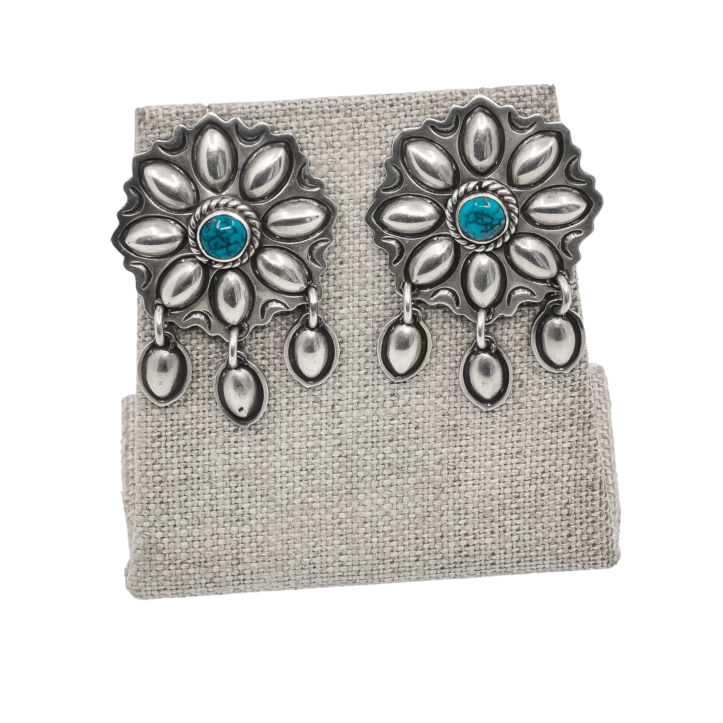Vintage Navajo Earrings of Silver Repousse and Turquoise - Turquoise & Tufa