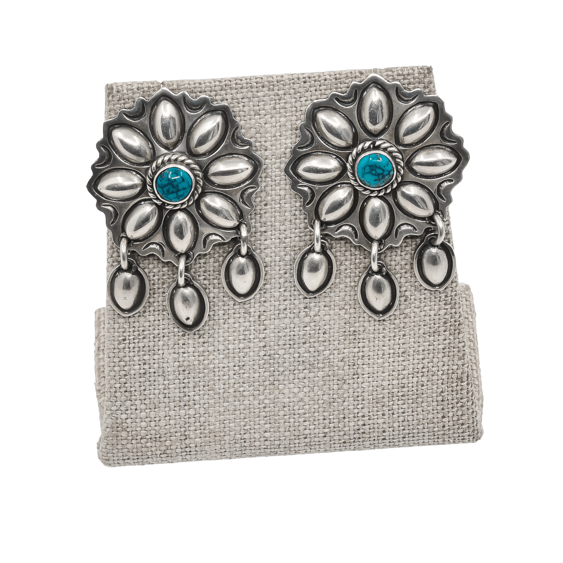 Vintage Navajo Earrings of Silver Repousse and Turquoise - Turquoise & Tufa