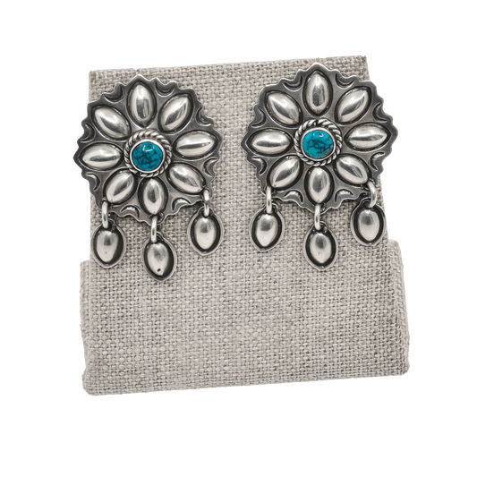 Vintage Navajo Earrings of Silver Repousse and Turquoise - Turquoise & Tufa