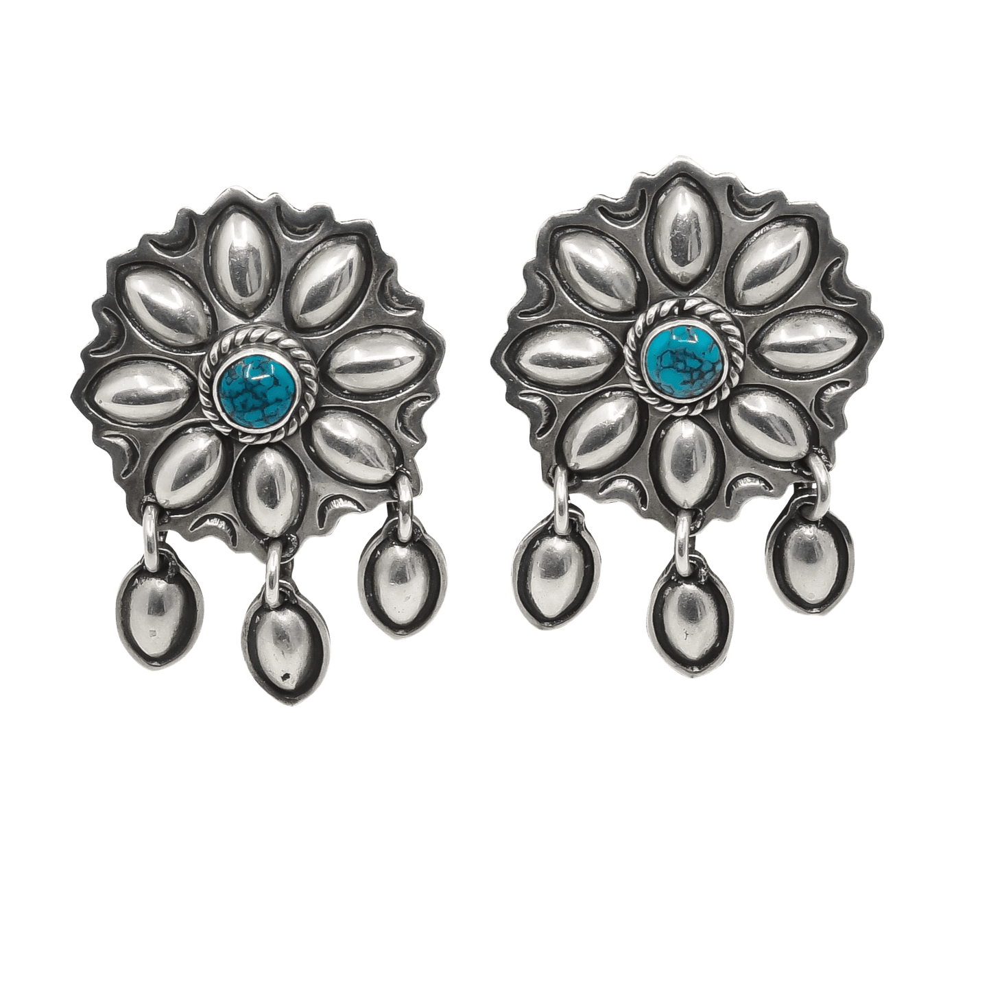 Vintage Navajo Earrings of Silver Repousse and Turquoise - Turquoise & Tufa