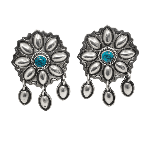 Vintage Navajo Earrings of Silver Repousse and Turquoise - Turquoise & Tufa