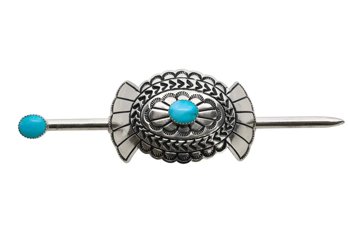 Vintage Navajo Hair Ornament Of Silver and Turquoise - Turquoise & Tufa