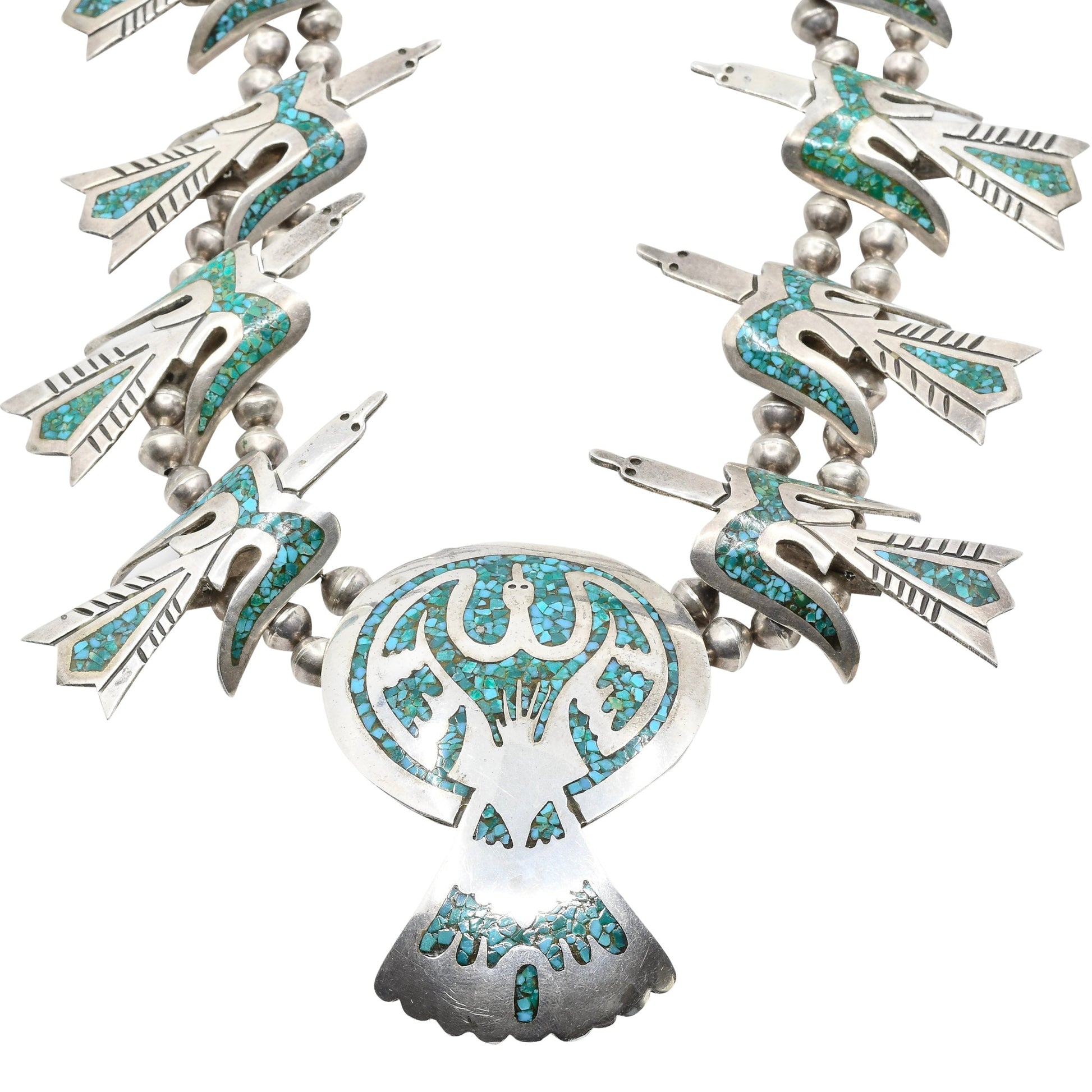 Vintage Navajo Necklace of Turquoise Inlay Water Birds Squash Blossom Style - Turquoise & Tufa
