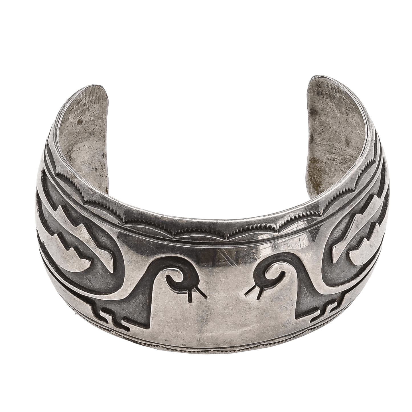 Vintage Navajo or Pueblo Silver Overlay Bracelet of Silver With Birds - Turquoise & Tufa