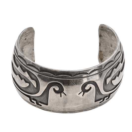 Vintage Navajo or Pueblo Silver Overlay Bracelet of Silver With Birds - Turquoise & Tufa
