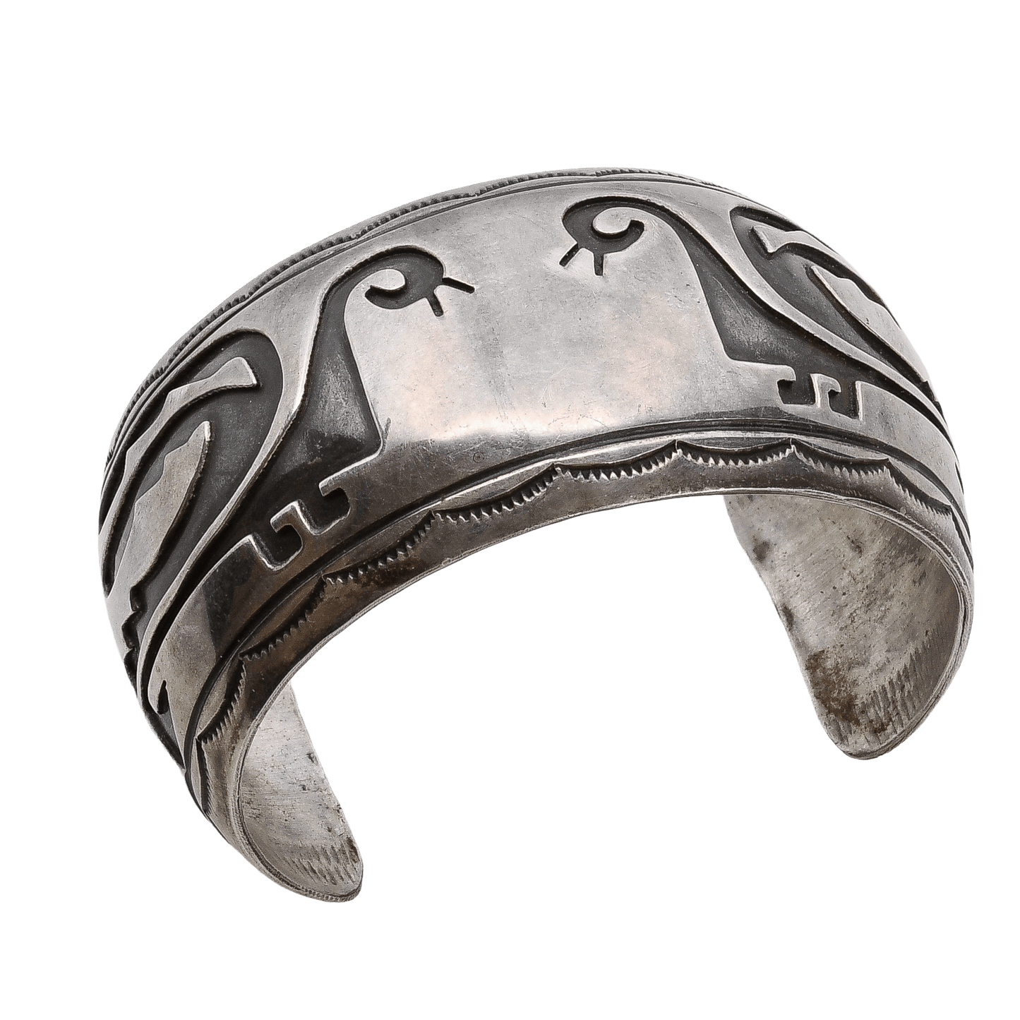 Vintage Navajo or Pueblo Silver Overlay Bracelet of Silver With Birds - Turquoise & Tufa