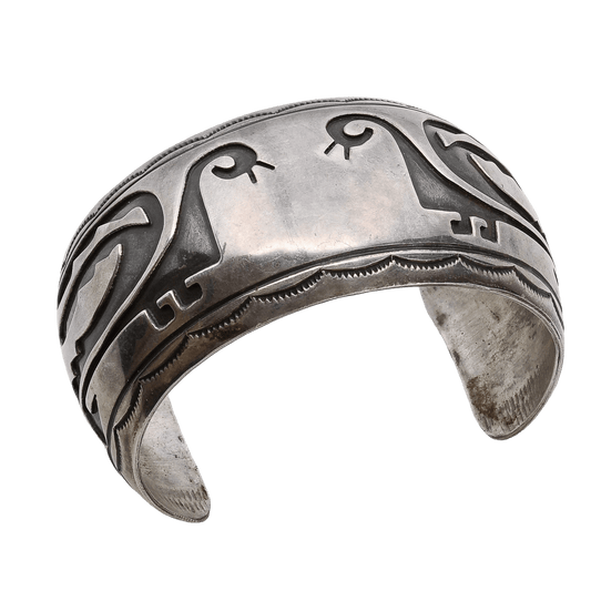 Vintage Navajo or Pueblo Silver Overlay Bracelet of Silver With Birds - Turquoise & Tufa