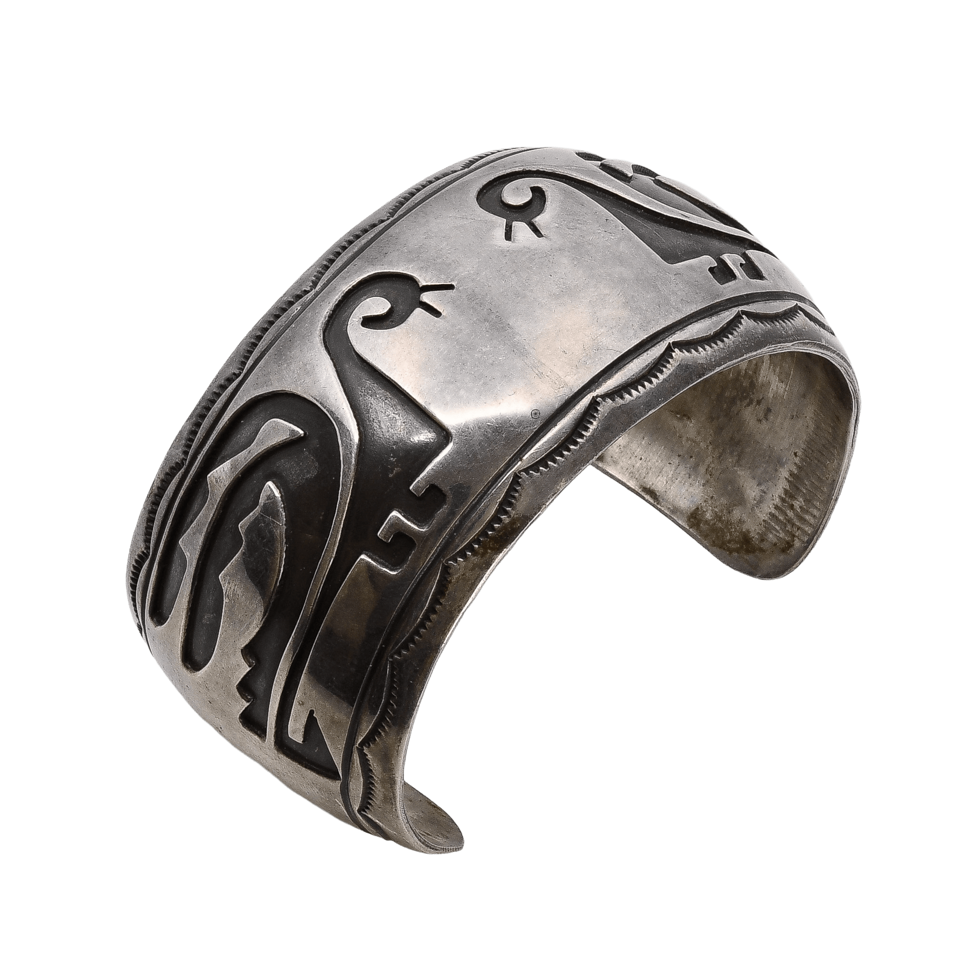 Vintage Navajo or Pueblo Silver Overlay Bracelet of Silver With Birds - Turquoise & Tufa