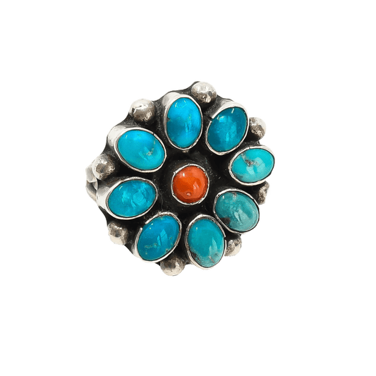Vintage Navajo or Pueblo Turquoise and Coral Cluster Ring - Turquoise & Tufa