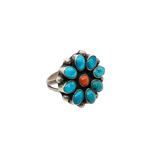 Vintage Navajo or Pueblo Turquoise and Coral Cluster Ring - Turquoise & Tufa