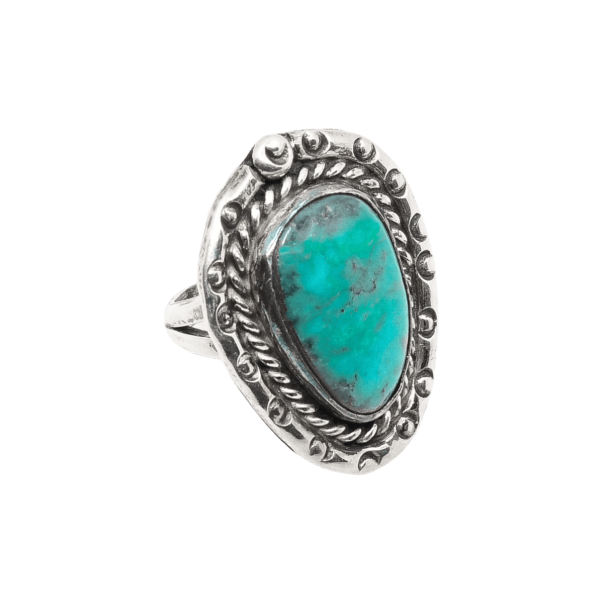 Vintage Navajo Ring With Greenish Turquoise Stone - Turquoise & Tufa