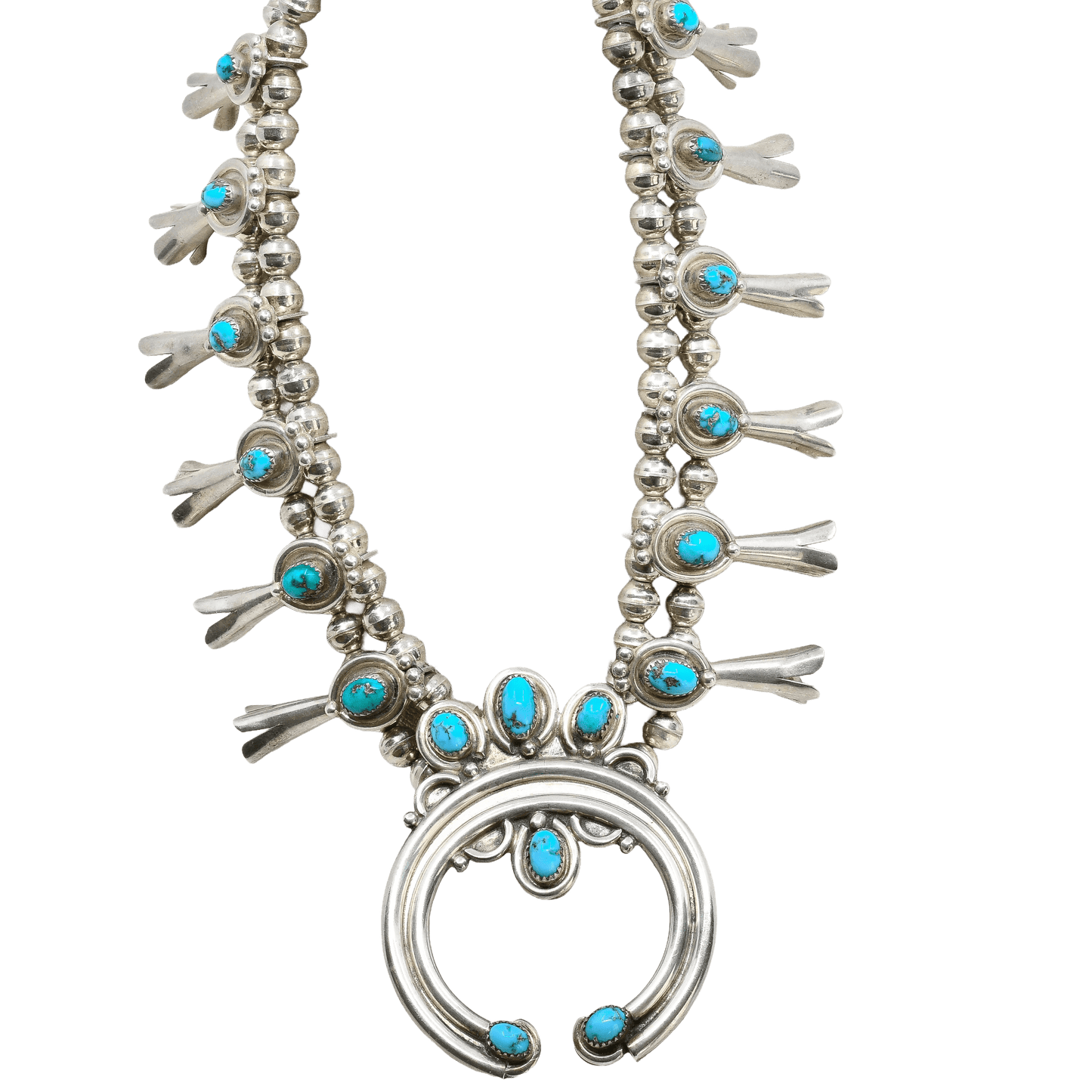Vintage Navajo Silver And Turquoise Squash Blossom Necklace and Earring Set - Turquoise & Tufa