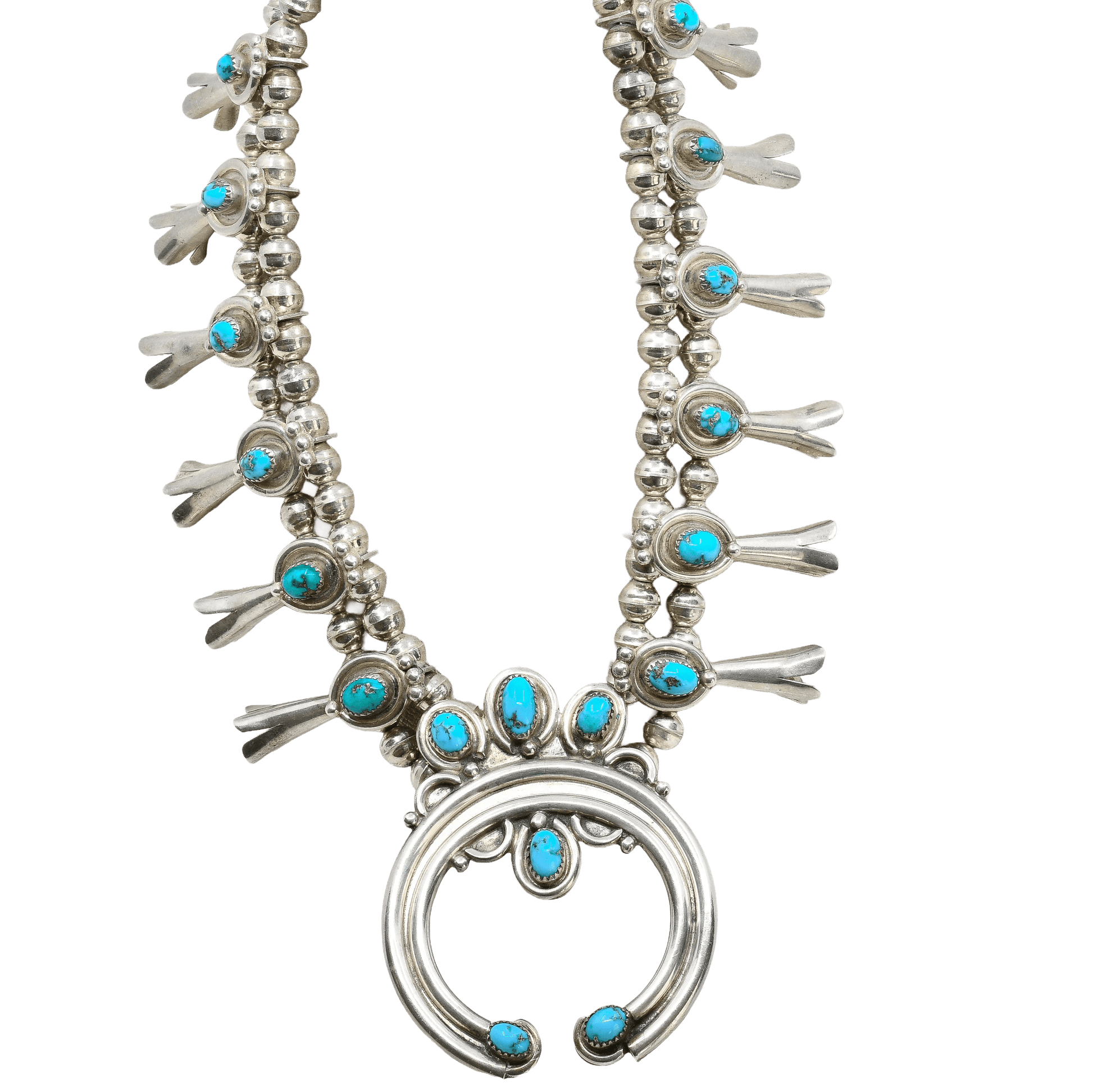 Vintage Navajo Silver And Turquoise Squash Blossom Necklace and Earring Set - Turquoise & Tufa