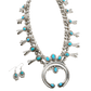 Vintage Navajo Silver And Turquoise Squash Blossom Necklace and Earring Set - Turquoise & Tufa